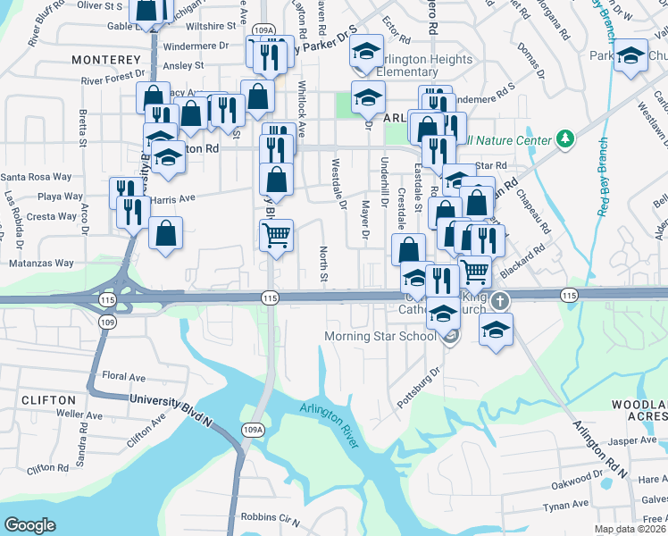 map of restaurants, bars, coffee shops, grocery stores, and more near 889 North Street in Jacksonville
