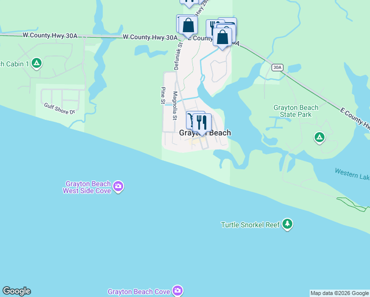 map of restaurants, bars, coffee shops, grocery stores, and more near 60 Auburn Drive in Santa Rosa Beach