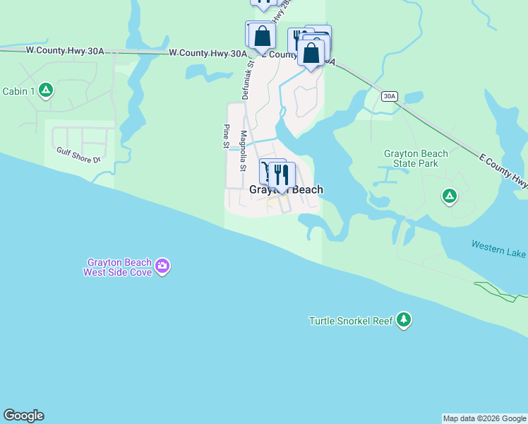 map of restaurants, bars, coffee shops, grocery stores, and more near 544 Defuniak Street in Santa Rosa Beach
