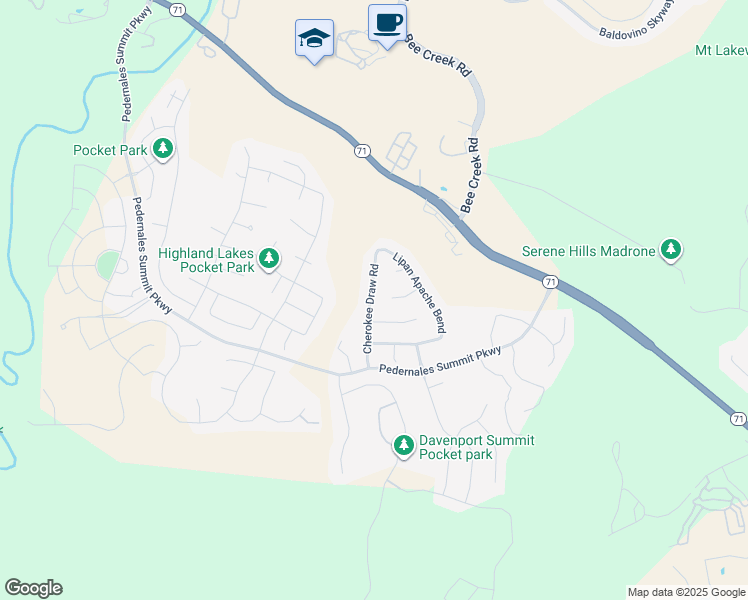 map of restaurants, bars, coffee shops, grocery stores, and more near 5513 Cherokee Draw Road in Spicewood