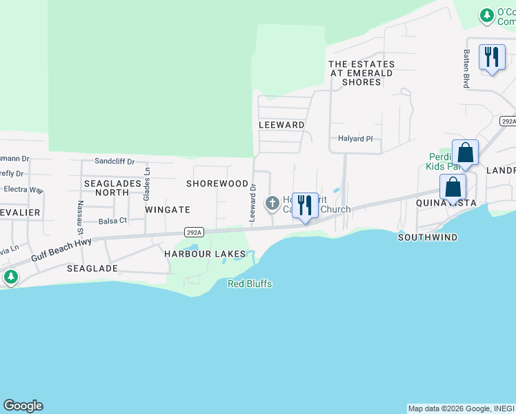 map of restaurants, bars, coffee shops, grocery stores, and more near 5078 Leeward Drive in Pensacola