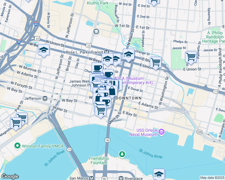 map of restaurants, bars, coffee shops, grocery stores, and more near 35 West Monroe Street in Jacksonville