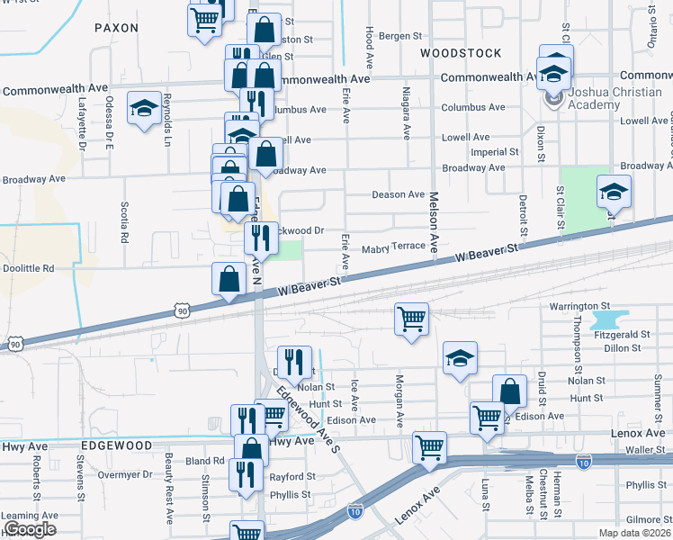map of restaurants, bars, coffee shops, grocery stores, and more near 3451 West Beaver Street in Jacksonville