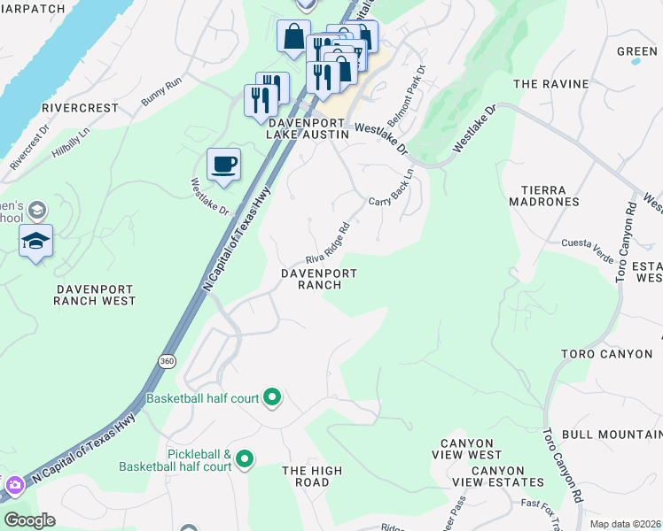 map of restaurants, bars, coffee shops, grocery stores, and more near 3205 Lookout Lane in Austin