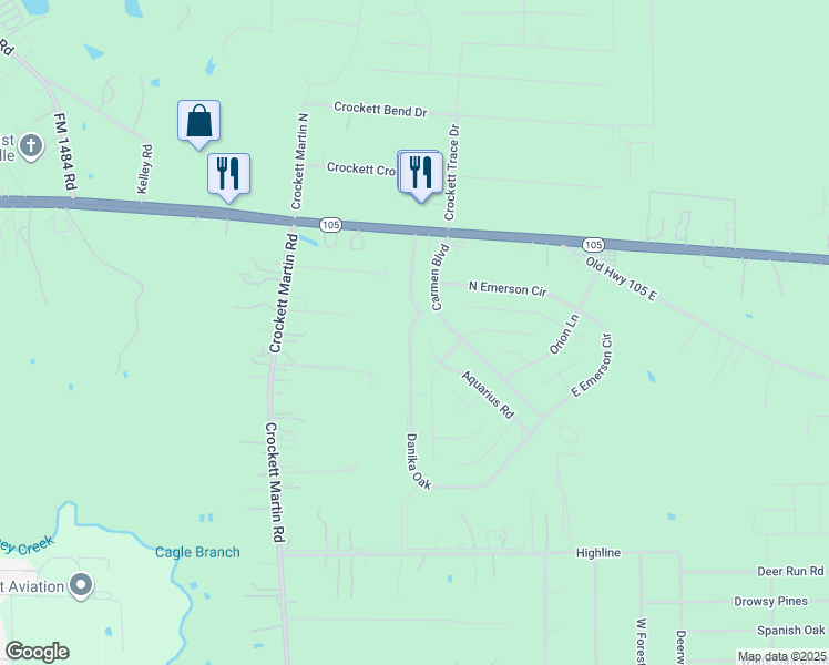 map of restaurants, bars, coffee shops, grocery stores, and more near 134 Aquarius Road in Conroe