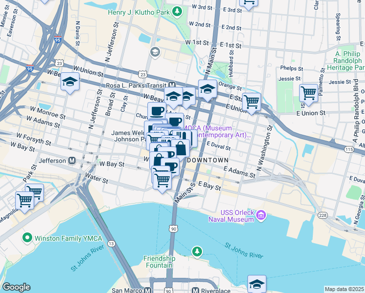 map of restaurants, bars, coffee shops, grocery stores, and more near 29 West Monroe Street in Jacksonville