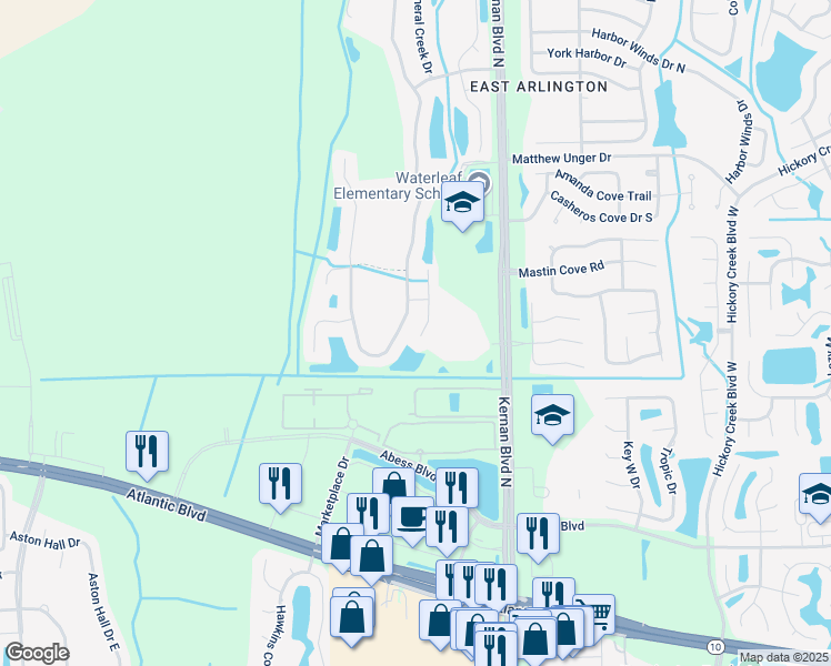 map of restaurants, bars, coffee shops, grocery stores, and more near 473 Candlebark Drive in Jacksonville