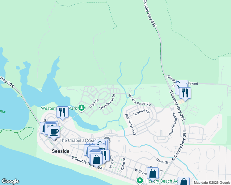 map of restaurants, bars, coffee shops, grocery stores, and more near 164 Needlerush Drive in Santa Rosa Beach