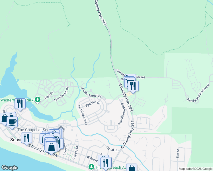 map of restaurants, bars, coffee shops, grocery stores, and more near 80 Thicket Circle in Santa Rosa Beach