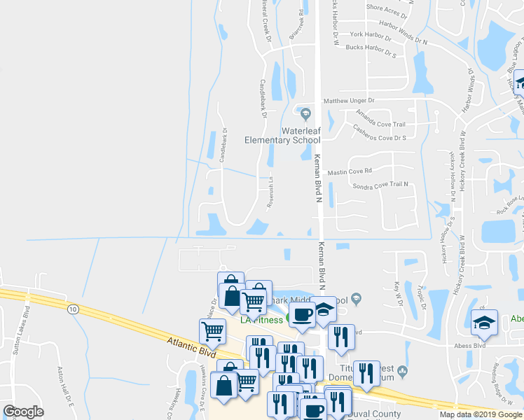 map of restaurants, bars, coffee shops, grocery stores, and more near 473 Candlebark Drive in Jacksonville