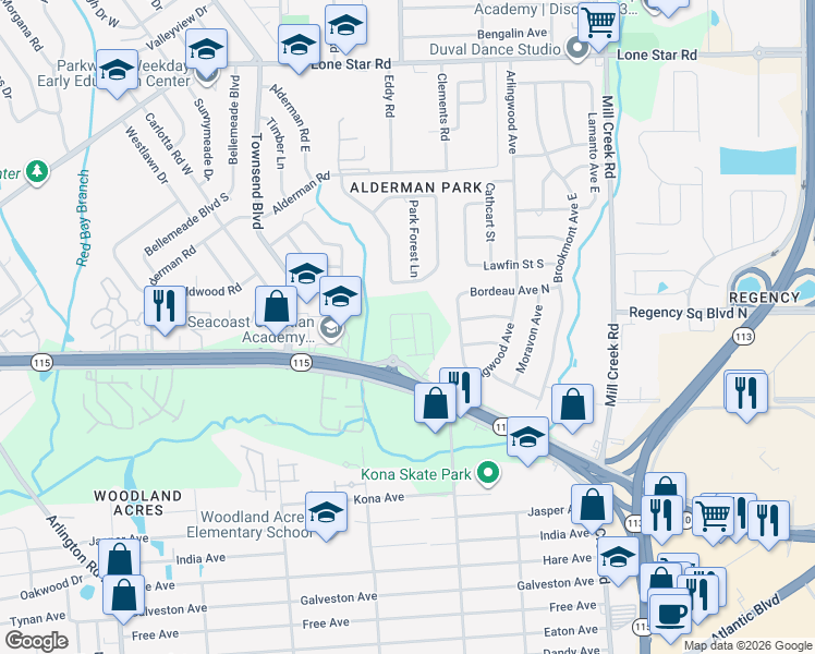 map of restaurants, bars, coffee shops, grocery stores, and more near 8209 Larose Road in Jacksonville