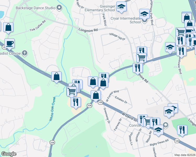 map of restaurants, bars, coffee shops, grocery stores, and more near 2298-2490 North Loop 336 West in Conroe