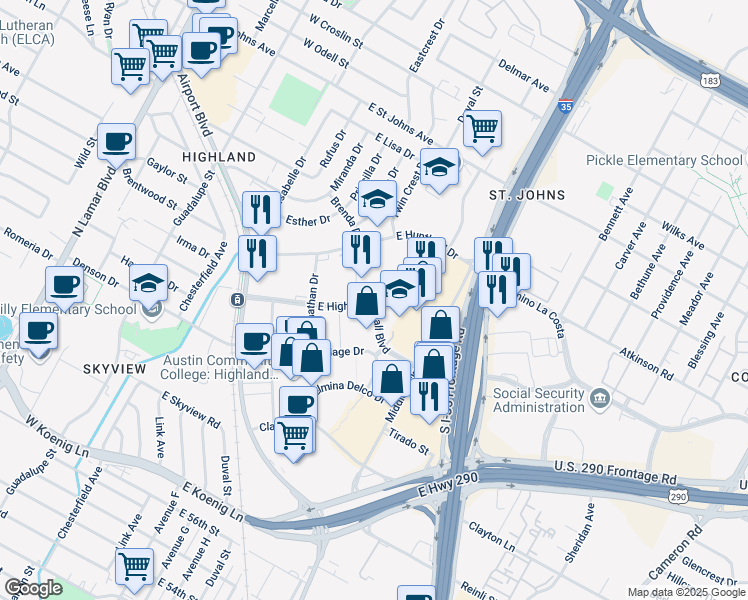 map of restaurants, bars, coffee shops, grocery stores, and more near 418 East Highland Mall Boulevard in Austin