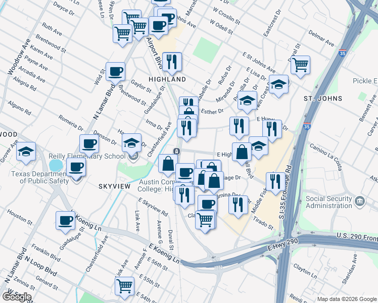 map of restaurants, bars, coffee shops, grocery stores, and more near 212 West Highland Mall Boulevard in Austin