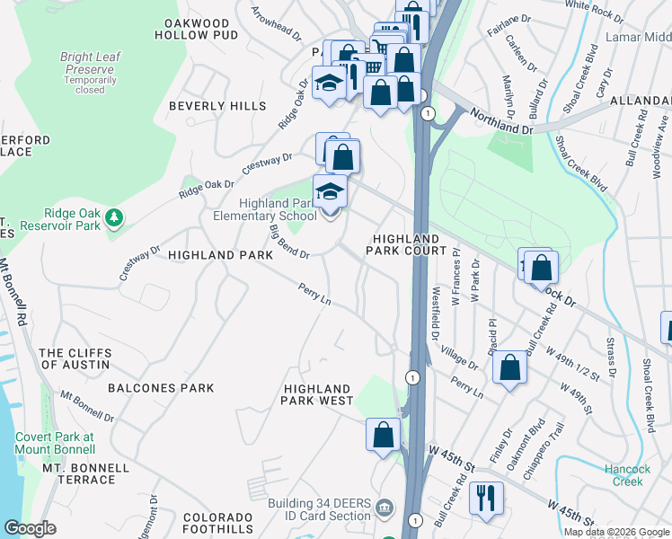 map of restaurants, bars, coffee shops, grocery stores, and more near 4707 Fairview Drive in Austin