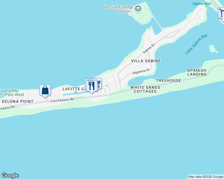 map of restaurants, bars, coffee shops, grocery stores, and more near 900 Fort Pickens Road in Pensacola Beach
