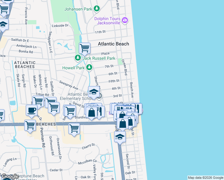 map of restaurants, bars, coffee shops, grocery stores, and more near 350 4th Street in Atlantic Beach