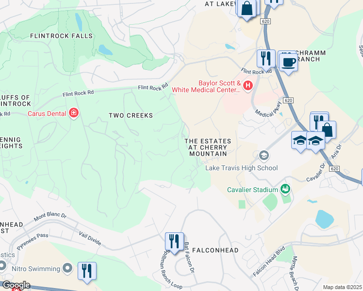 map of restaurants, bars, coffee shops, grocery stores, and more near 3709 Pawnee Pass South in Austin