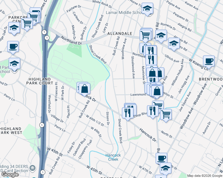 map of restaurants, bars, coffee shops, grocery stores, and more near 5402 Shoal Creek Boulevard in Austin