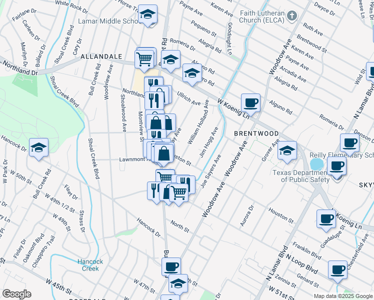 map of restaurants, bars, coffee shops, grocery stores, and more near 5507 Jeff Davis Ave in Austin