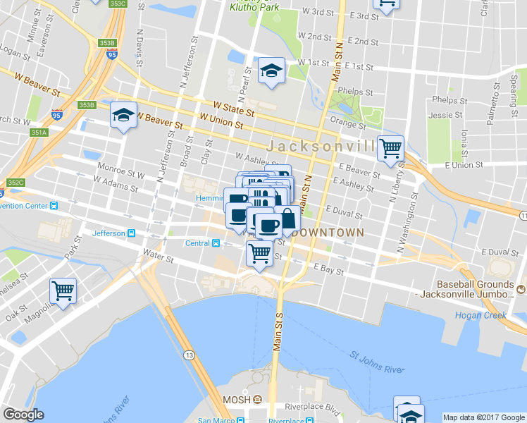 map of restaurants, bars, coffee shops, grocery stores, and more near 140 West Monroe Street in Jacksonville