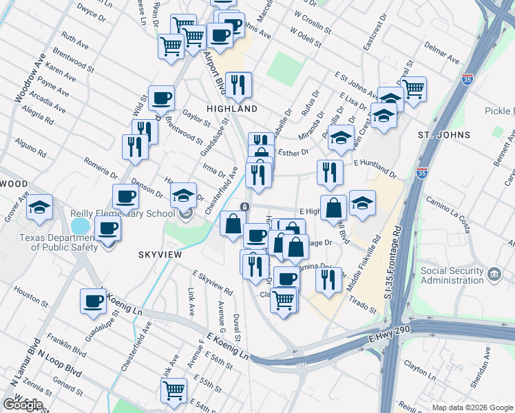 map of restaurants, bars, coffee shops, grocery stores, and more near in Austin