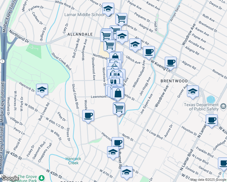 map of restaurants, bars, coffee shops, grocery stores, and more near 5408 Burnet Road in Austin