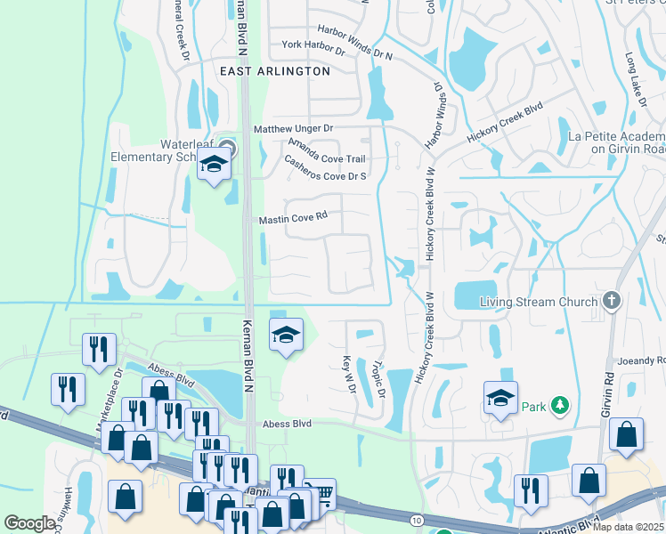 map of restaurants, bars, coffee shops, grocery stores, and more near 277 Carriann Cove Trail West in Jacksonville