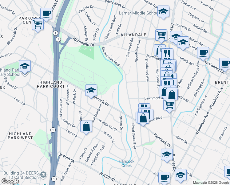 map of restaurants, bars, coffee shops, grocery stores, and more near 5301 Turnabout Lane in Austin