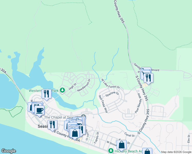 map of restaurants, bars, coffee shops, grocery stores, and more near 156 Bluejack Street in Santa Rosa Beach