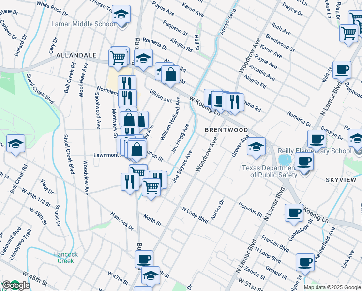 map of restaurants, bars, coffee shops, grocery stores, and more near 5601 Jim Hogg Avenue in Austin