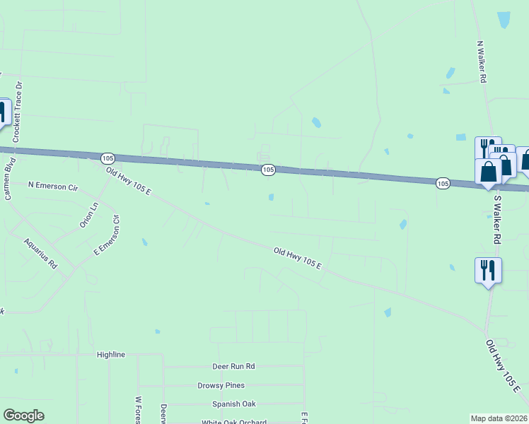 map of restaurants, bars, coffee shops, grocery stores, and more near 17383 Old Highway 105 East in Conroe