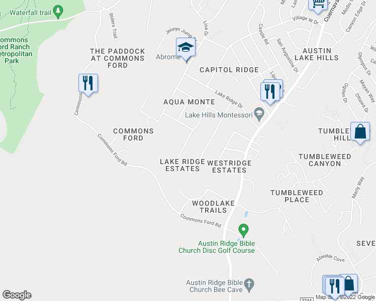 map of restaurants, bars, coffee shops, grocery stores, and more near 105 Laurelwood Drive North in Austin