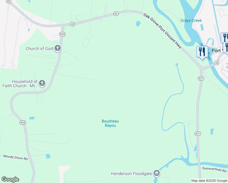 map of restaurants, bars, coffee shops, grocery stores, and more near 44198 James Weams Road in Prairieville