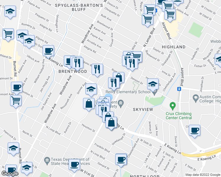 map of restaurants, bars, coffee shops, grocery stores, and more near 900 Old Koenig Lane in Austin