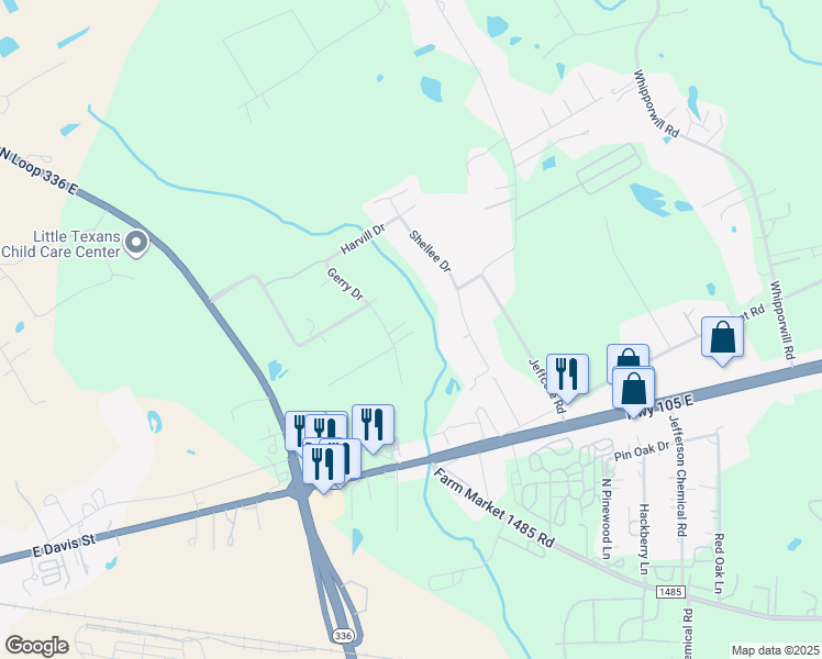 map of restaurants, bars, coffee shops, grocery stores, and more near 548 Gerry Drive in Conroe
