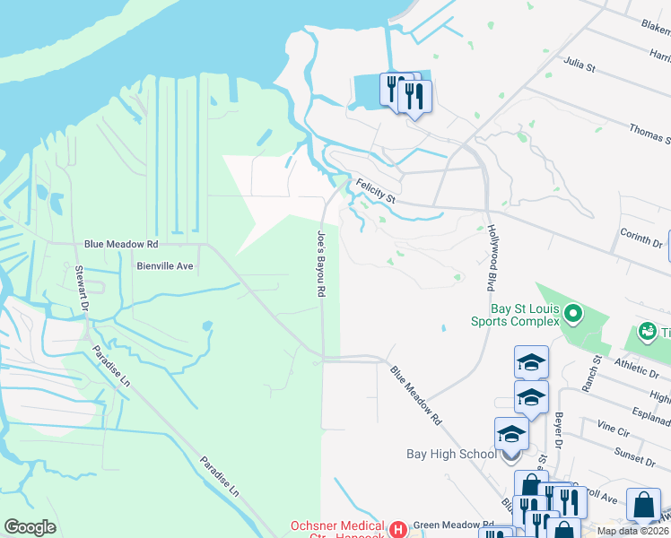 map of restaurants, bars, coffee shops, grocery stores, and more near 11241-11247 Joe's Bayou Road in Bay St. Louis