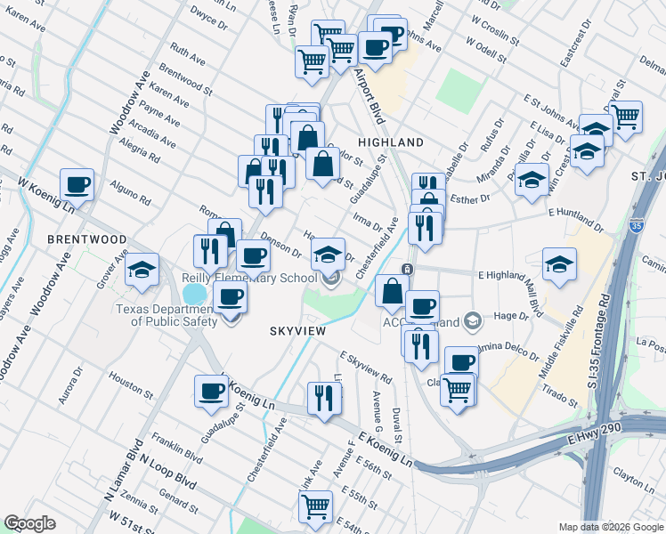 map of restaurants, bars, coffee shops, grocery stores, and more near 500 Denson Drive in Austin
