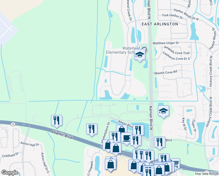 map of restaurants, bars, coffee shops, grocery stores, and more near 372 Candlebark Drive in Jacksonville