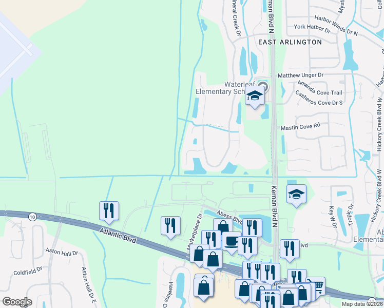 map of restaurants, bars, coffee shops, grocery stores, and more near 12124 Narrowleaf Court in Jacksonville