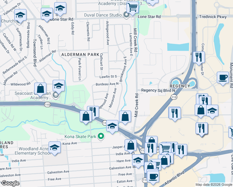 map of restaurants, bars, coffee shops, grocery stores, and more near 816 Brookmont Avenue East in Jacksonville