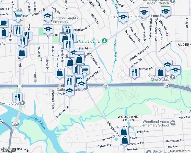 map of restaurants, bars, coffee shops, grocery stores, and more near 840 Bert Road in Jacksonville