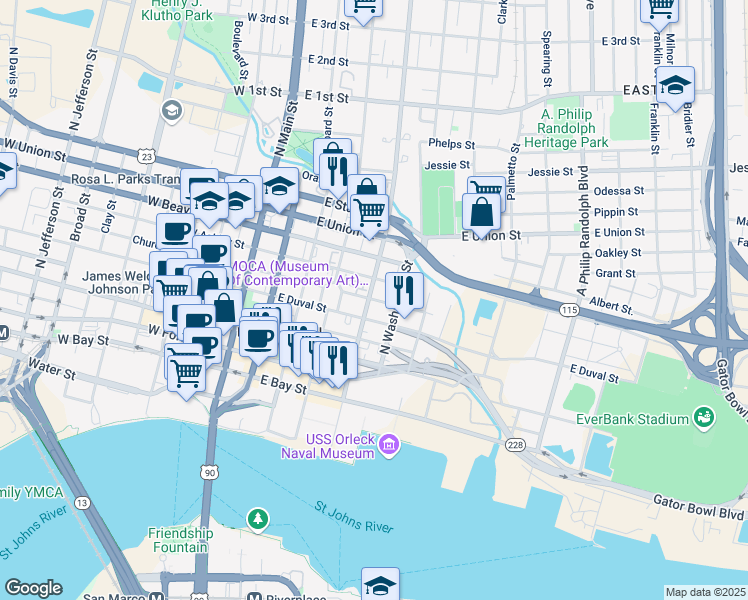 map of restaurants, bars, coffee shops, grocery stores, and more near 428 East Church Street in Jacksonville
