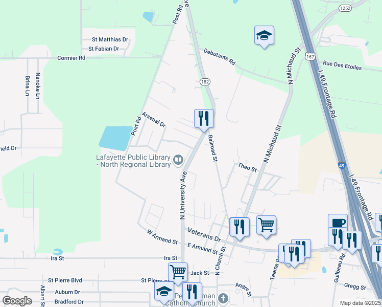 map of restaurants, bars, coffee shops, grocery stores, and more near 5167-5231 N University Ave in Carencro
