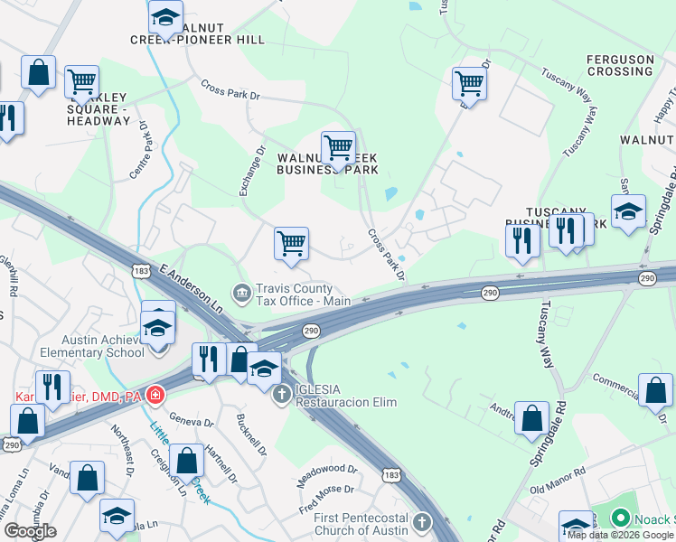 map of restaurants, bars, coffee shops, grocery stores, and more near 8108 Exchange Drive in Austin