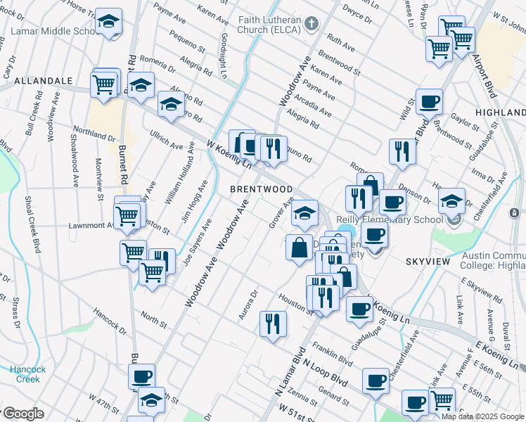 map of restaurants, bars, coffee shops, grocery stores, and more near 5612 Grover Avenue in Austin