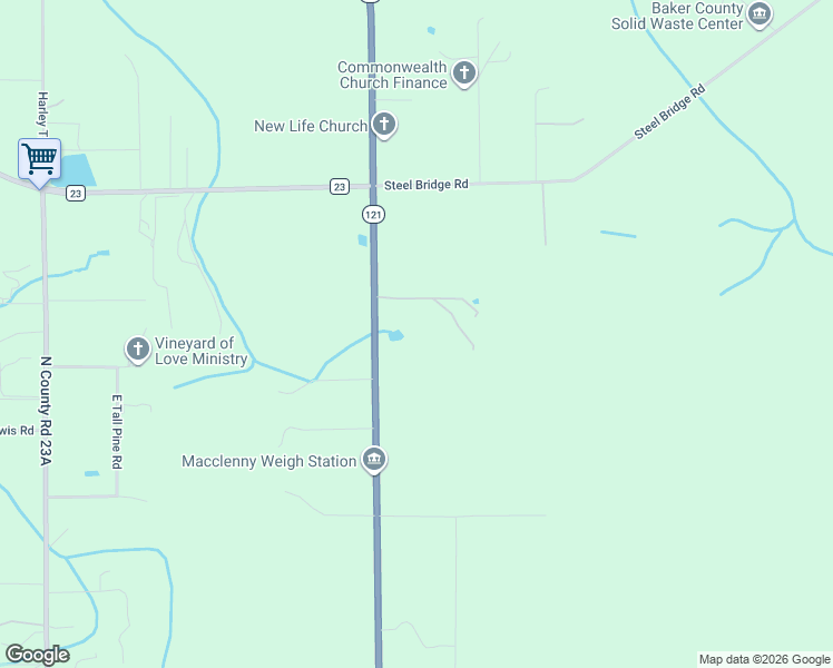 map of restaurants, bars, coffee shops, grocery stores, and more near 13791 Florida 121 in Macclenny