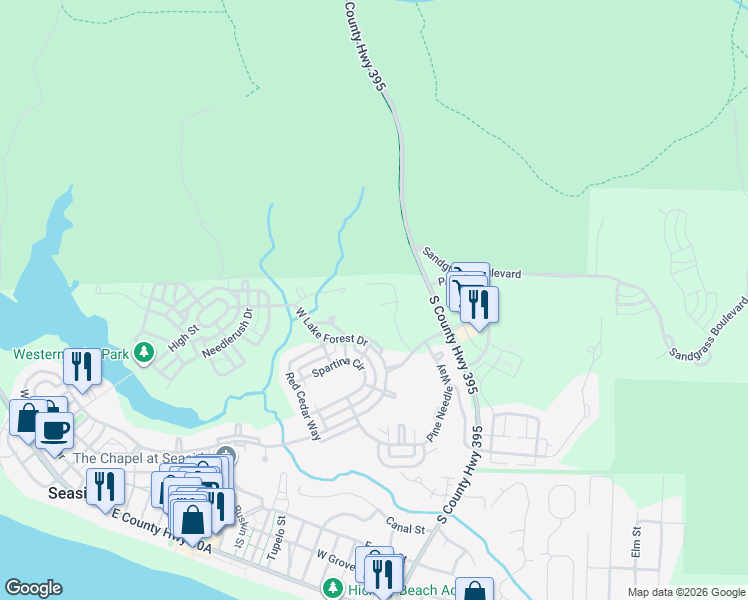map of restaurants, bars, coffee shops, grocery stores, and more near 80 Thicket Circle in Santa Rosa Beach
