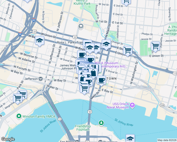 map of restaurants, bars, coffee shops, grocery stores, and more near West Monroe Street & North Laura Street in Jacksonville