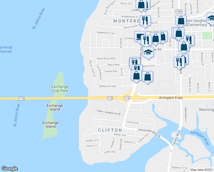 map of restaurants, bars, coffee shops, grocery stores, and more near Matanzas Way in Jacksonville